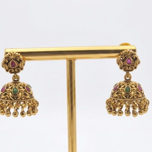 Gold-Plated Antique Small Paisley Stud Multi-Color Stone Jhumkas
