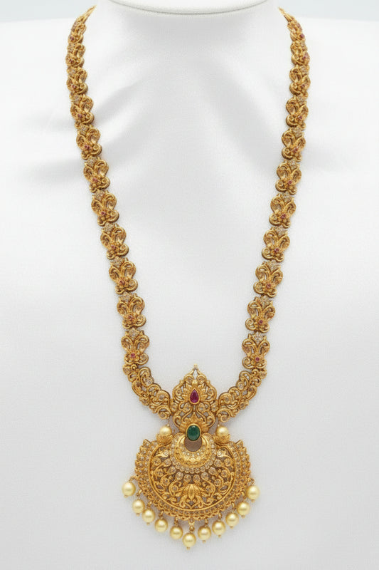 Antique Gold Tone Temple Peacock Haram Set with Pearl Drops