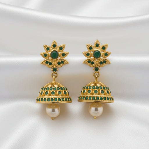 Traditional Gold Finish Green Stone Pearl Drop Jhumka Earrings