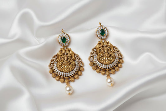 Antique Gold Plated Goddess Lakshmi Temple Drop Earrings