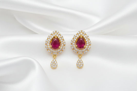 Ruby, Black & Red Teardrop CZ Drop Earrings | Gold Tone Designer Earrings