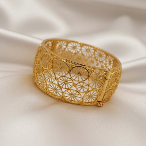 Traditional Floral Openwork Wide Mesh Design Gold Plated Bangle