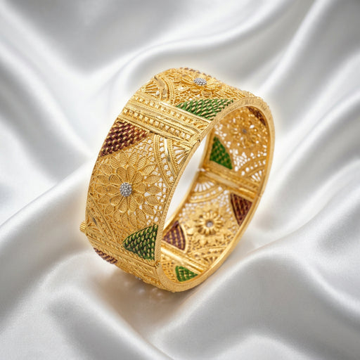 Traditional Floral Motif Wide Mesh Design Gold Plated Hinge Bangle