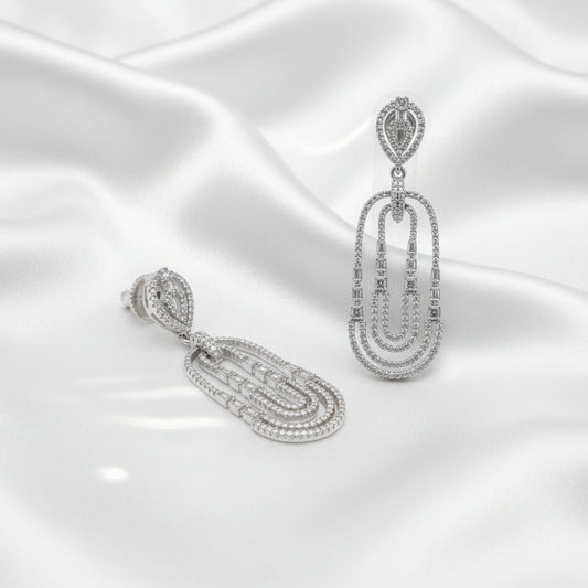 Silver Plated Geometric Drop Earrings With Layered U-Shaped Design