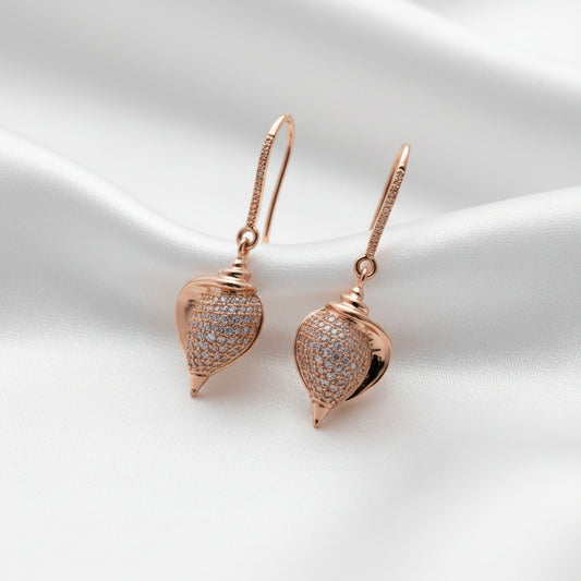 Rose Gold Plated Drop Earrings With Pave CZ Stone Shell Motif