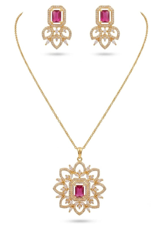 Gold Plated Pink Emerald-Cut Stone Floral Pendant and Earrings