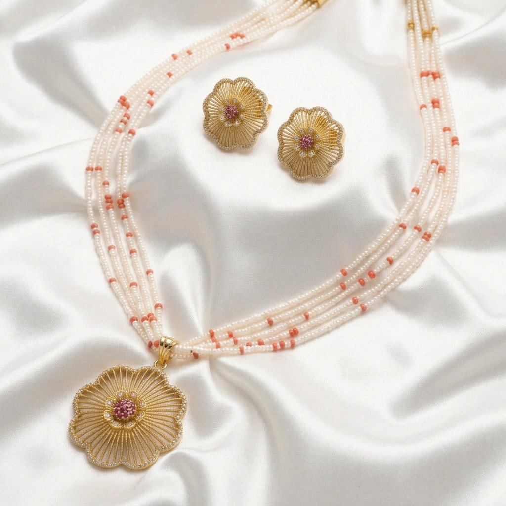 Elegant Floral Pearl Necklace Set