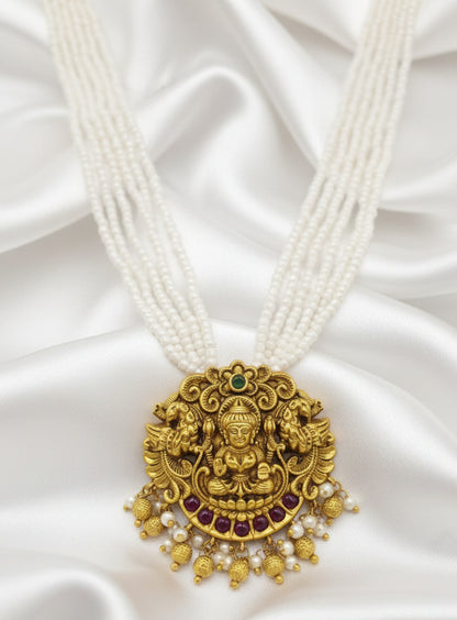 Lakshmi Pearl Temple Necklace Set with Matching Jhumka Earrings