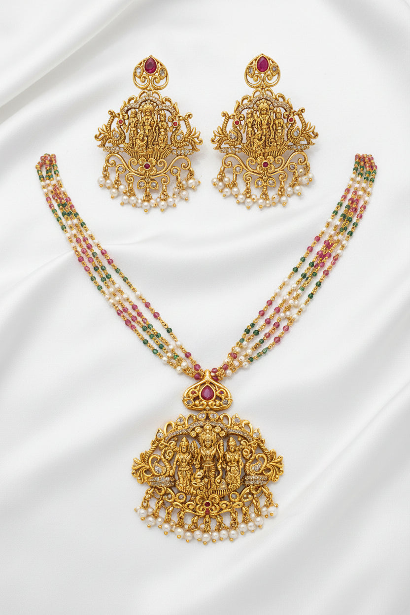 Traditional Temple Necklace Set with Lord Rama Pendant & Matching Earrings | Multicolor Beaded Jewelry