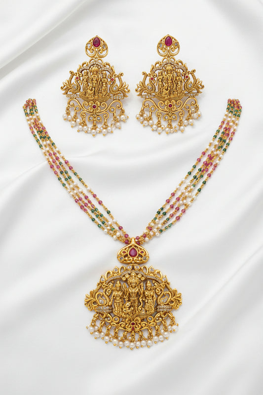 Traditional Temple Necklace Set with Lord Rama Pendant & Matching Earrings | Multicolor Beaded Jewelry