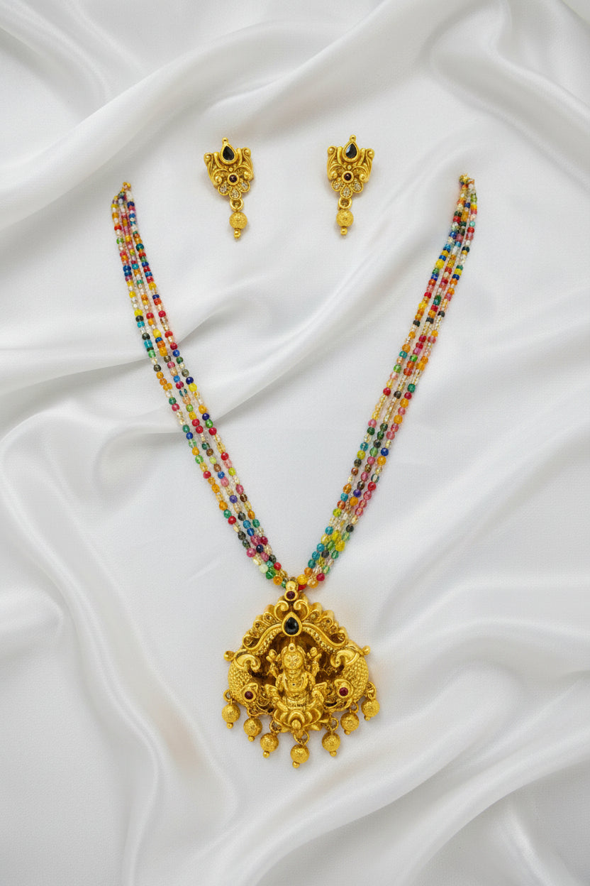 Multicolor Beaded Lakshmi Temple Necklace Set with Matching Earrings | Traditional Gold Finish Jewelry