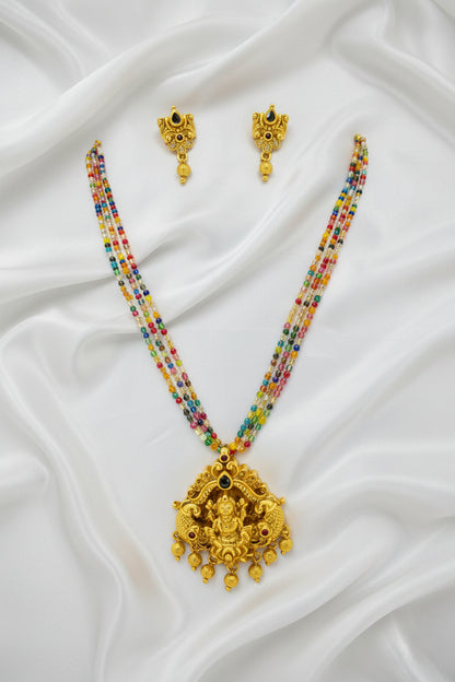 Multicolor Beaded Lakshmi Temple Necklace Set with Matching Earrings | Traditional Gold Finish Jewelry