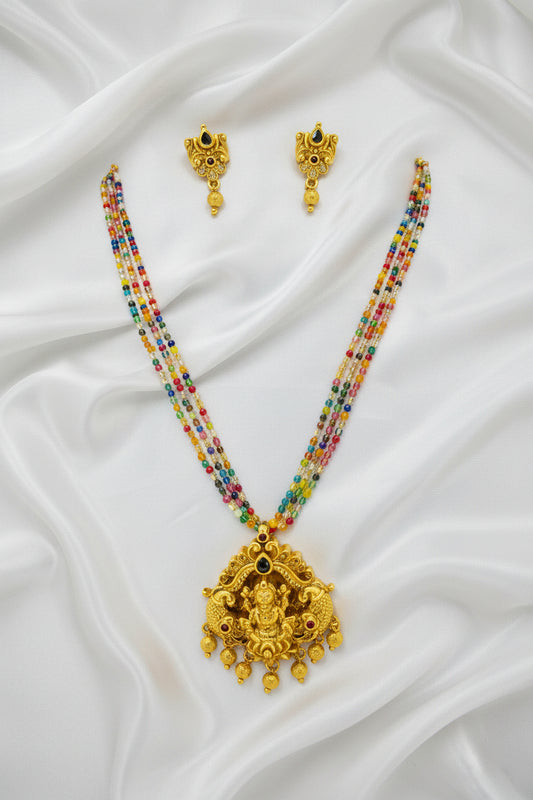 Multicolor Beaded Lakshmi Temple Necklace Set with Matching Earrings | Traditional Gold Finish Jewelry