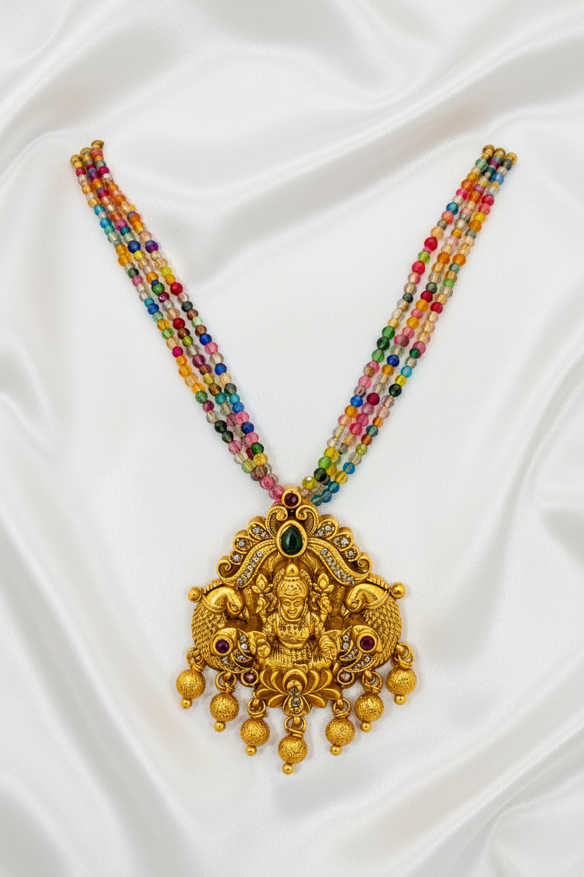 Multicolor Beaded Lakshmi Temple Necklace Set with Matching Earrings | Traditional Gold Finish Jewelry