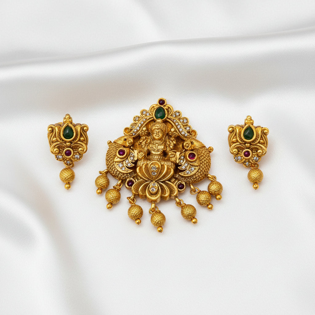 Multicolor Beaded Lakshmi Temple Necklace Set with Matching Earrings | Traditional Gold Finish Jewelry