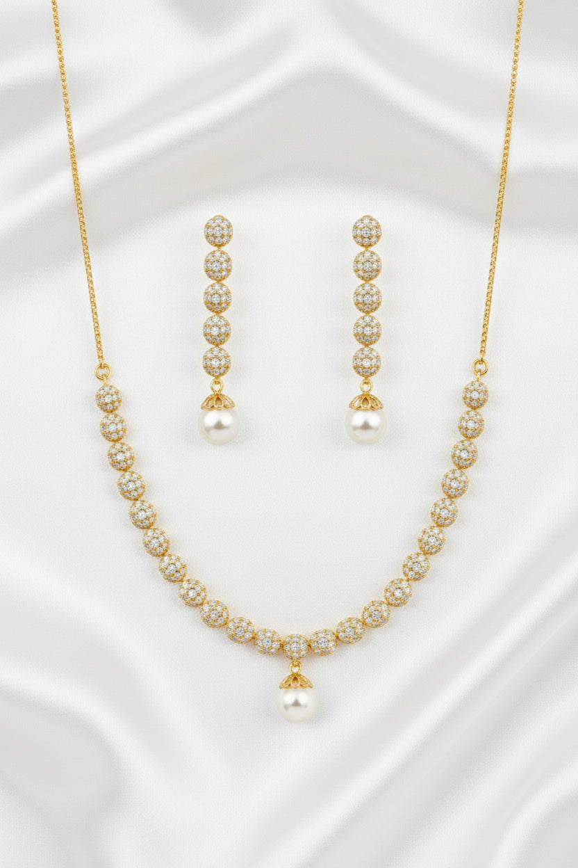 Gold Plated CZ Ball Pearl Drop Necklace Set with Matching Earrings | Bridal & Party Wear