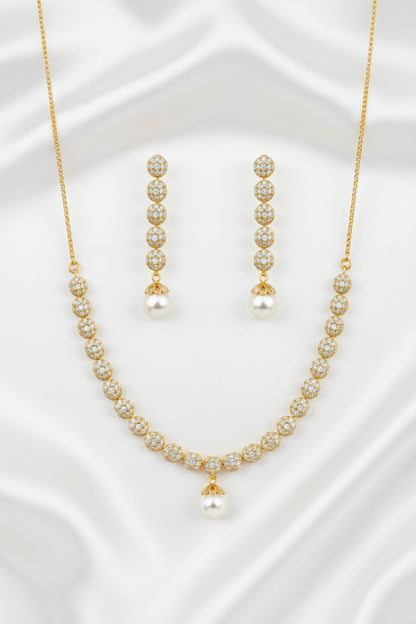 Gold Plated CZ Ball Pearl Drop Necklace Set with Matching Earrings | Bridal & Party Wear