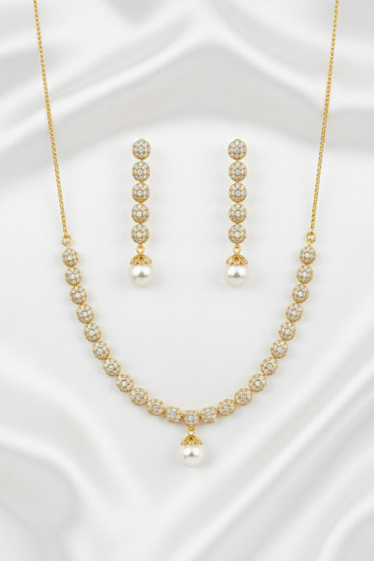 Gold Plated CZ Ball Pearl Drop Necklace Set with Matching Earrings | Bridal & Party Wear