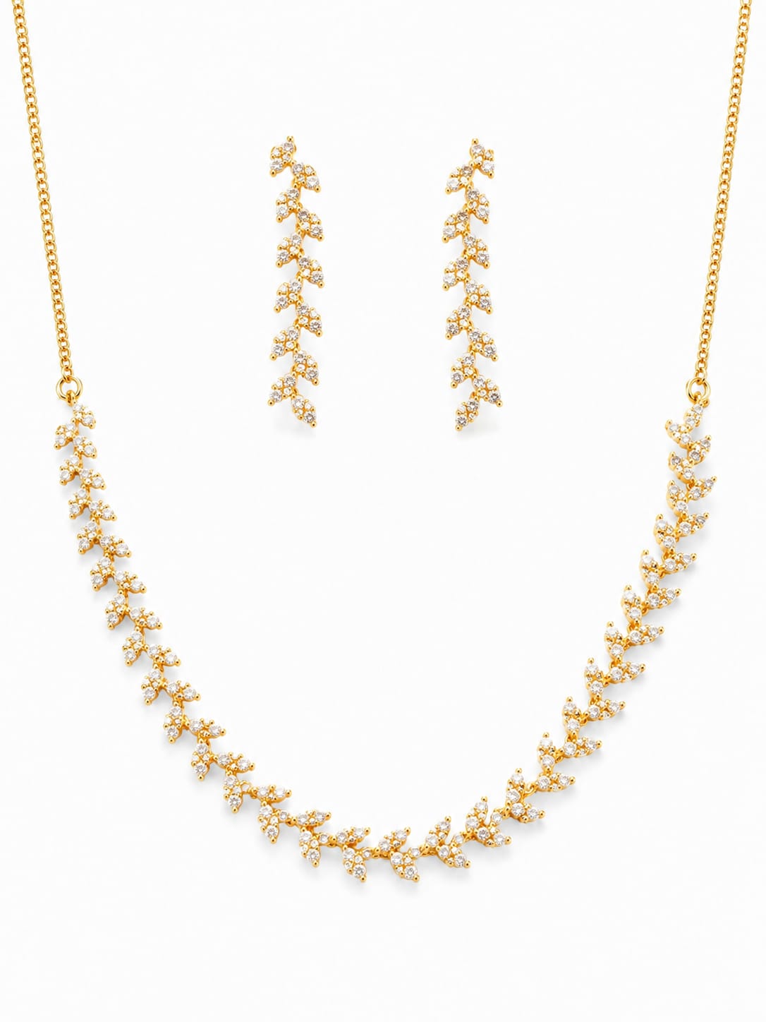Gold Plated Zircon Leaf Vine Necklace Set with Matching Drop Earrings | Elegant Party Wear Jewelry