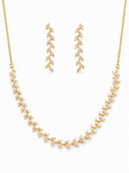 Gold Plated Zircon Leaf Vine Necklace Set with Matching Drop Earrings | Elegant Party Wear Jewelry