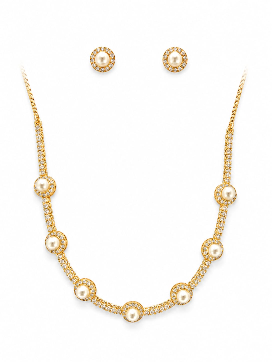 Gold Plated Pearl & Zircon Station Necklace Set with Matching Stud Earrings | Elegant Bridal Jewelry