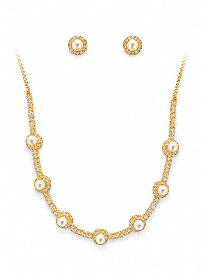 Gold Plated Pearl & Zircon Station Necklace Set with Matching Stud Earrings | Elegant Bridal Jewelry