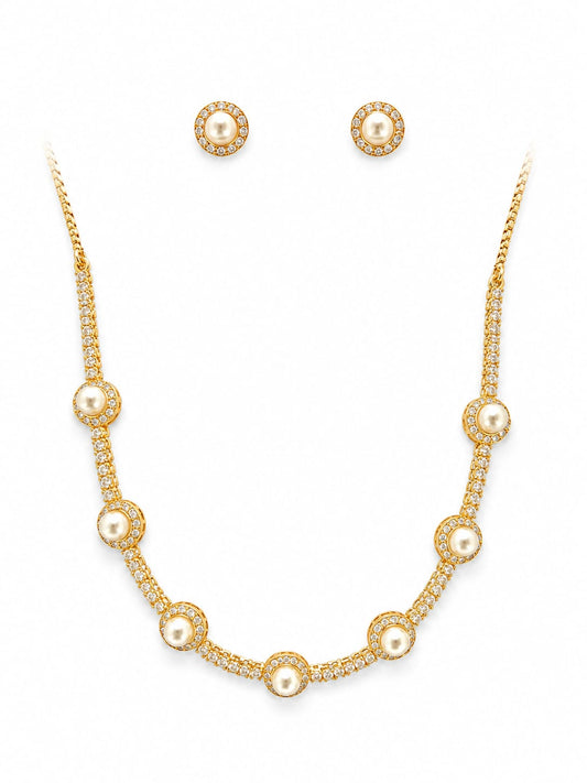 Gold Plated Pearl & Zircon Station Necklace Set with Matching Stud Earrings | Elegant Bridal Jewelry