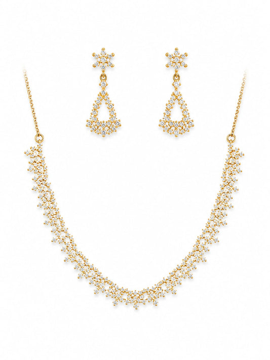 Gold Plated Zircon Floral Necklace Set with Matching Drop Earrings | Elegant Party & Bridal Jewelry