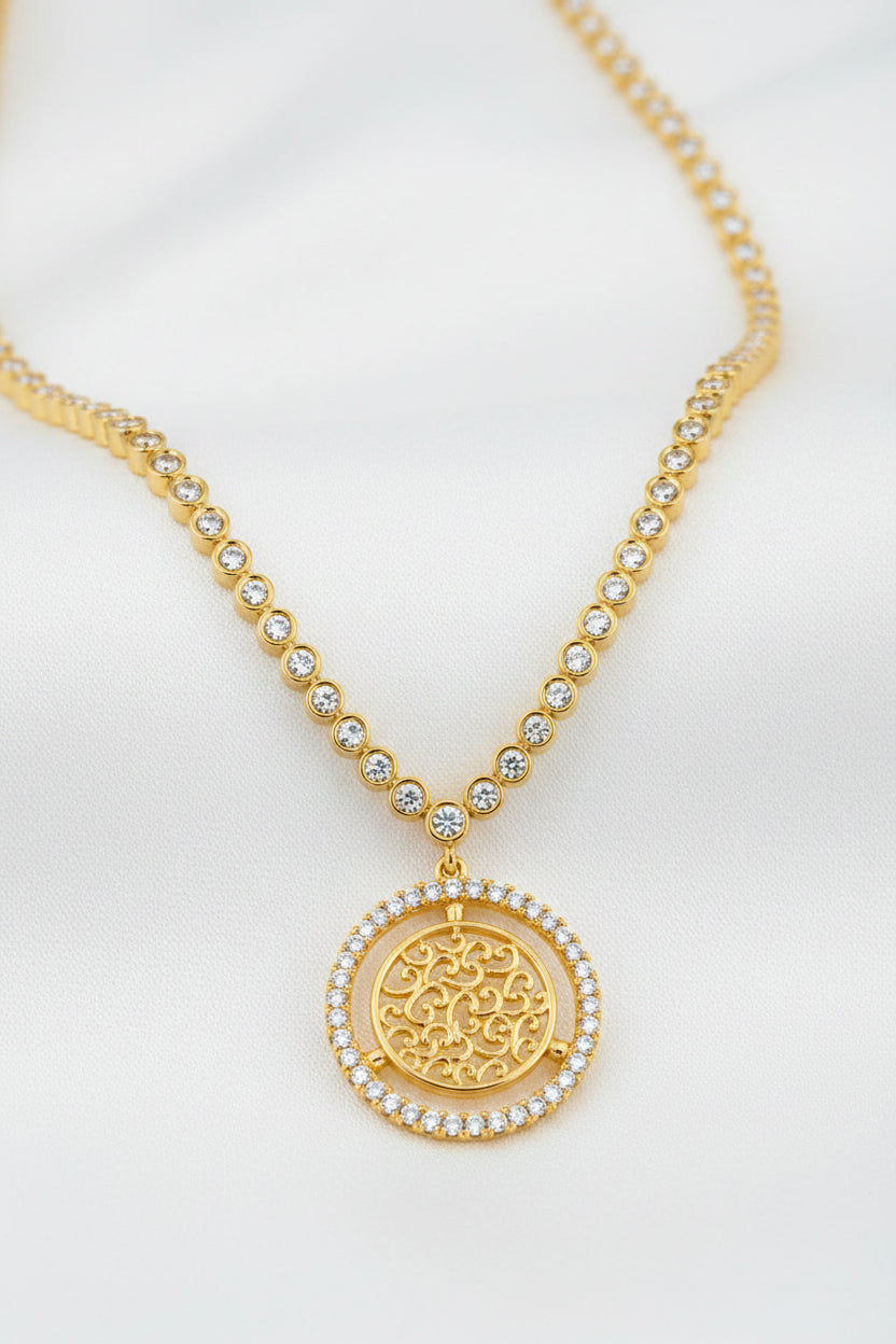 Gold Plated Zircon Pendant Necklace Set with Earrings