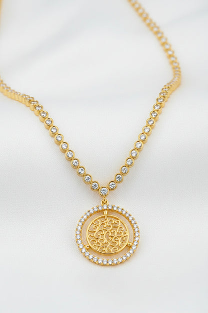 Gold Plated Zircon Pendant Necklace Set with Earrings