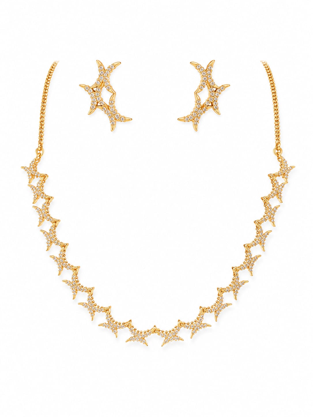 Gold Plated Zircon Star Necklace Set with Matching Stud Earrings