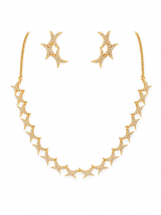 Gold Plated Zircon Star Necklace Set with Matching Stud Earrings