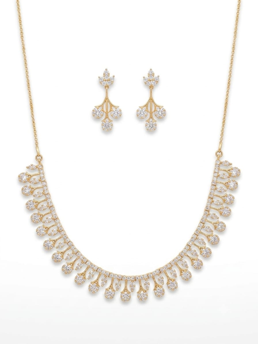 Gold Plated Zircon Drop Necklace Set with Matching Dangle Earrings | Elegant Bridal & Party Wear Jewelry