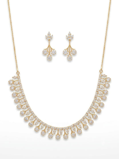 Gold Plated Zircon Drop Necklace Set with Matching Dangle Earrings | Elegant Bridal & Party Wear Jewelry
