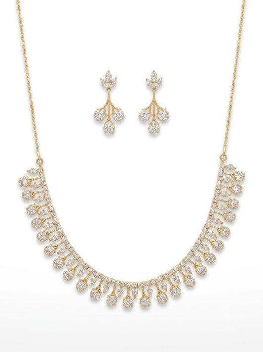 Gold Plated Zircon Drop Necklace Set with Matching Dangle Earrings | Elegant Bridal & Party Wear Jewelry