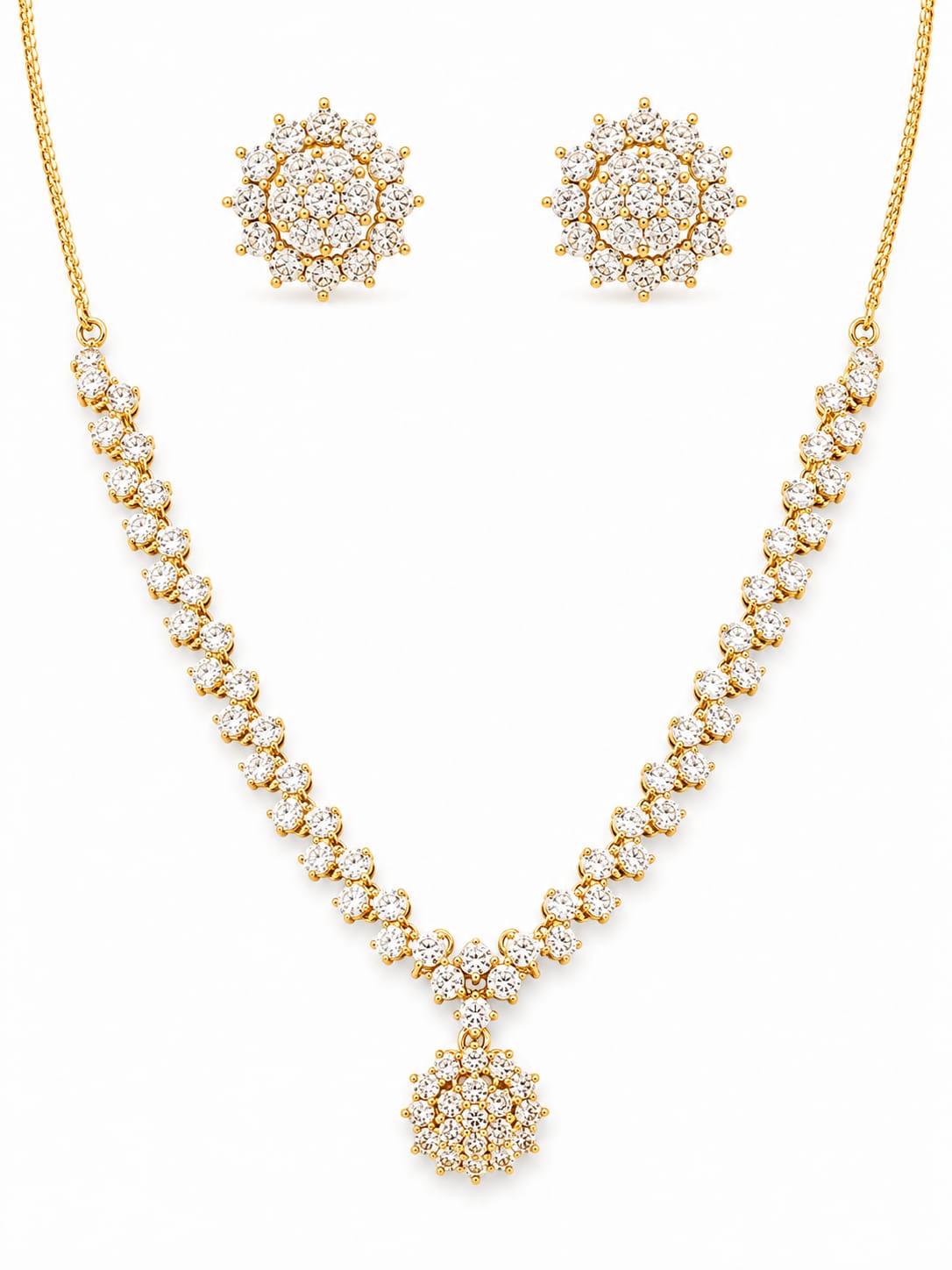 Gold Plated Zircon Floral Pendant Necklace Set with Matching Stud Earrings