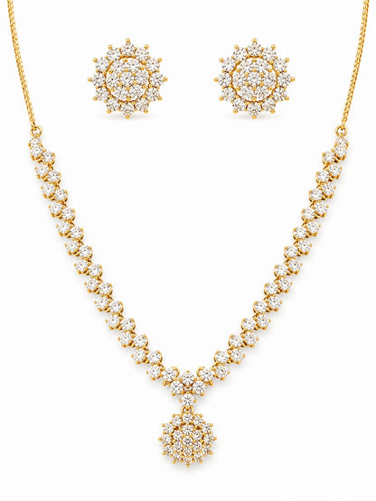 Gold Plated Zircon Floral Pendant Necklace Set with Matching Stud Earrings