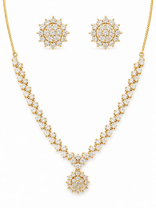 Gold Plated Zircon Floral Pendant Necklace Set with Matching Stud Earrings