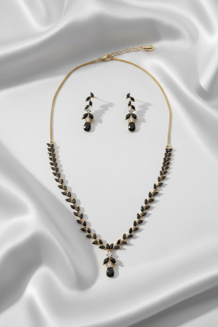 Black & Ruby Pink Leaf Zircon Necklace Set Combo | Gold Plated Marquise Stone Necklace with Matching Earrings