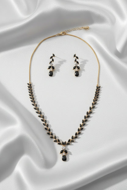 Black & Ruby Pink Leaf Zircon Necklace Set Combo | Gold Plated Marquise Stone Necklace with Matching Earrings