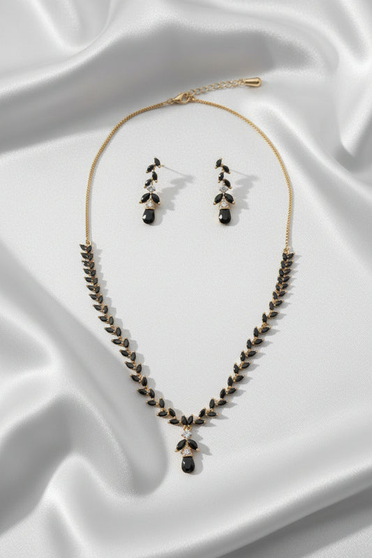 Black & Ruby Pink Leaf Zircon Necklace Set Combo | Gold Plated Marquise Stone Necklace with Matching Earrings