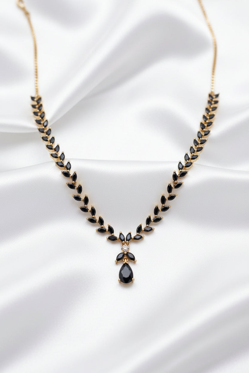 Black & Ruby Pink Leaf Zircon Necklace Set Combo | Gold Plated Marquise Stone Necklace with Matching Earrings