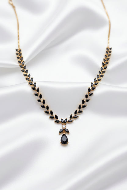 Black & Ruby Pink Leaf Zircon Necklace Set Combo | Gold Plated Marquise Stone Necklace with Matching Earrings