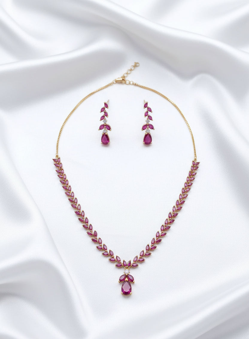 Black & Ruby Pink Leaf Zircon Necklace Set Combo | Gold Plated Marquise Stone Necklace with Matching Earrings