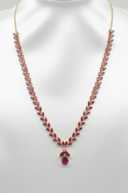 Black & Ruby Pink Leaf Zircon Necklace Set Combo | Gold Plated Marquise Stone Necklace with Matching Earrings