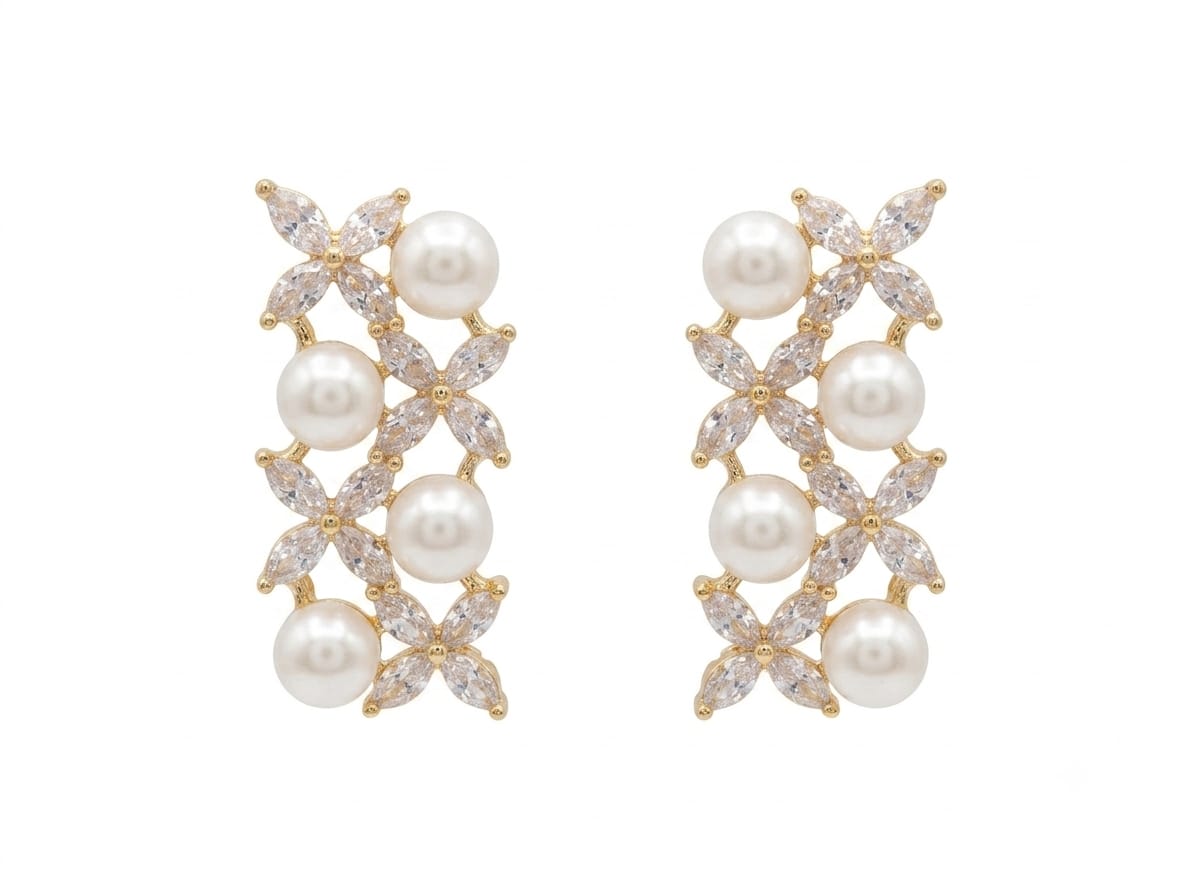 22K Gold Plated Pearl & Zircon Floral Necklace Set with Matching Stud Earrings