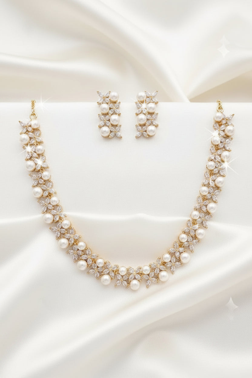 22K Gold Plated Pearl & Zircon Floral Necklace Set with Matching Stud Earrings