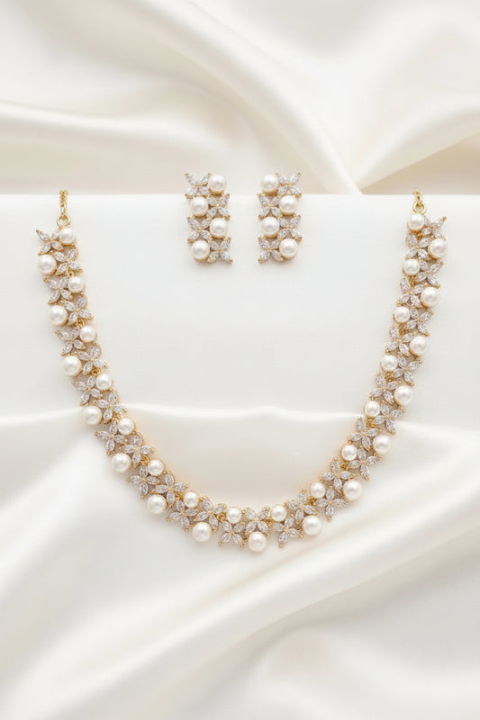 22K Gold Plated Pearl & Zircon Floral Necklace Set with Matching Stud Earrings
