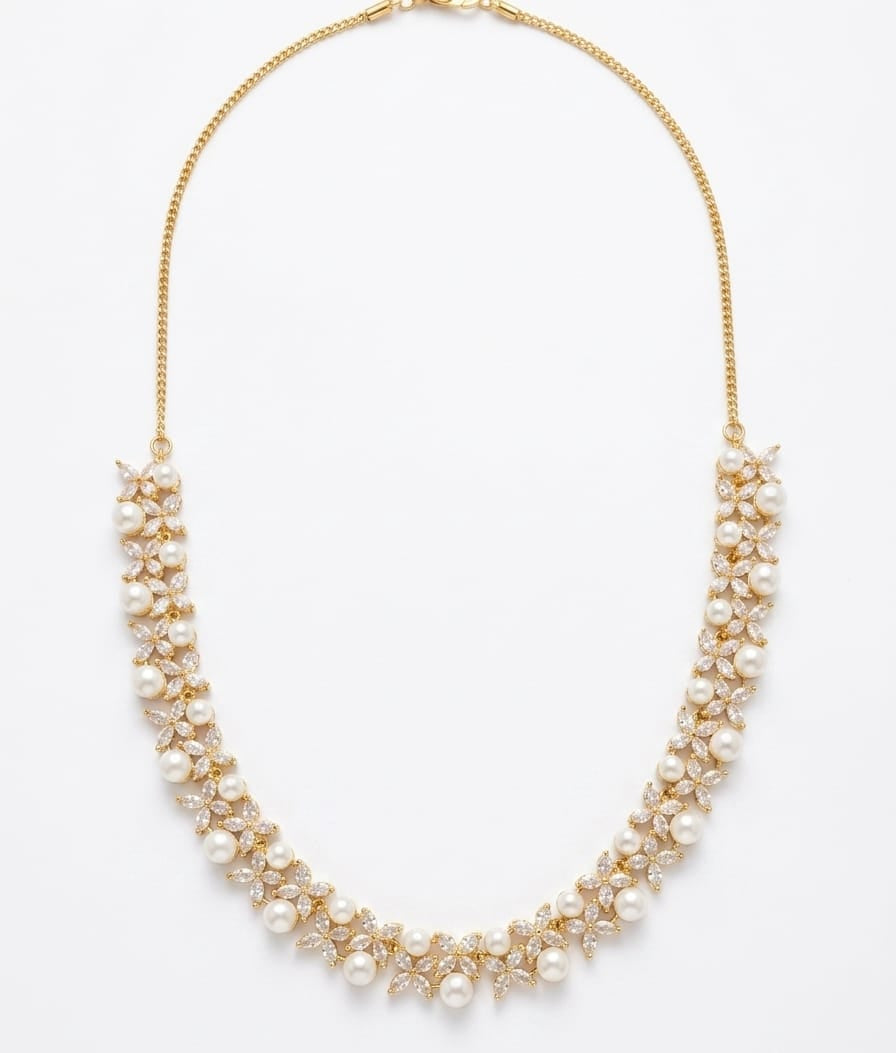 22K Gold Plated Pearl & Zircon Floral Necklace Set with Matching Stud Earrings