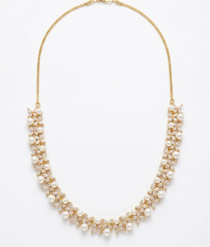 22K Gold Plated Pearl & Zircon Floral Necklace Set with Matching Stud Earrings